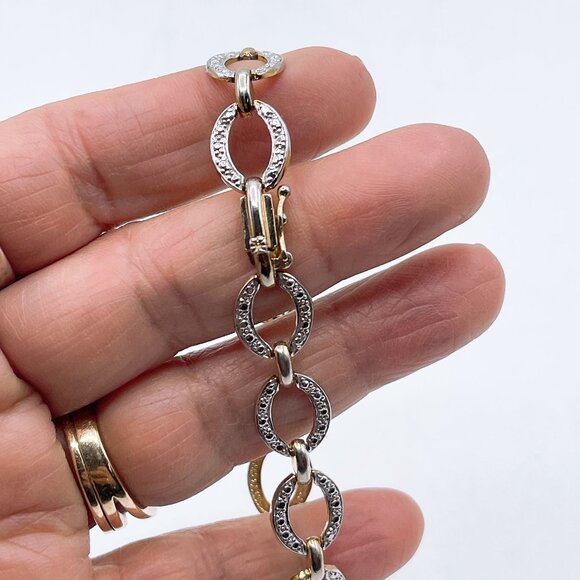 925 Gold Plated Oval Link Bracelet With Rhinestone Accents & Secure Clasp - Picture 6 of 8